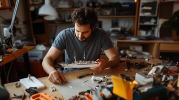 A man carefully assembling a detailed ship model in a cluttered workshop filled with tools and materials during the afternoon photo