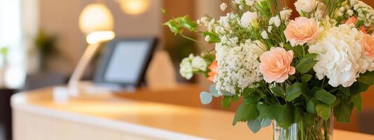 Fresh floral arrangement at a reception desk in a modern hotel lobby decorated with soft lighting and contemporary design elements photo