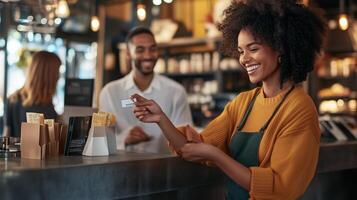 Customer at a coffee shop happily making a purchase while baristas serve drinks and snacks in a cozy atmosphere photo