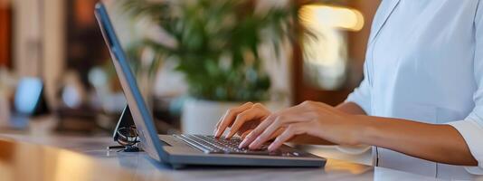 A person typing on a laptop at a modern workspace with greenery in the background during a bright day photo