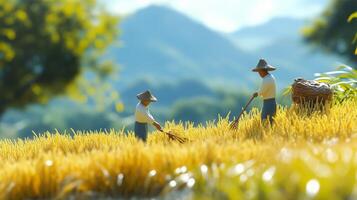 Harvesting rice in a scenic rural landscape with farmers working amidst golden fields under a bright sky photo