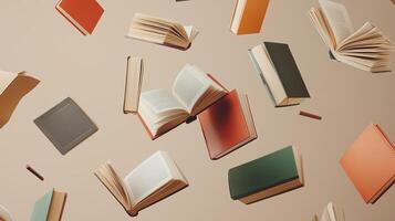 Books in various colors and sizes floating in mid-air against a neutral background, creating a whimsical and imaginative atmosphere photo