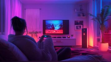 Cozy evening at home with soft lighting while relaxing on the couch and watching a movie on the TV photo