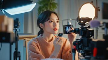 A young woman applies makeup in a professional studio filled with cameras and lights during a content creation session photo