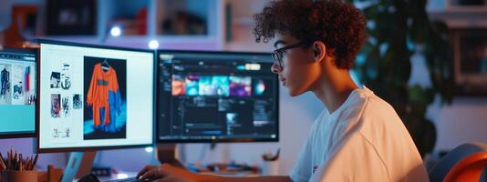 Young creative designer working on graphic design projects in a cozy home office during evening hours with multiple monitors photo