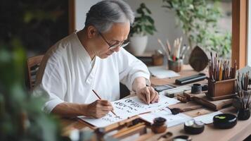 An elderly artist practicing traditional calligraphy in a serene studio filled with plants and art supplies during the afternoon photo