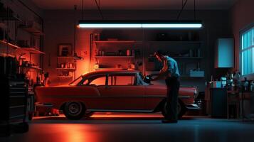 A mechanic works on a classic car in a dimly lit garage at night, surrounded by tools and equipment photo