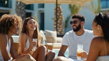 Friends enjoying a sunny poolside gathering while sipping refreshing drinks at a luxurious resort during a summer afternoon photo