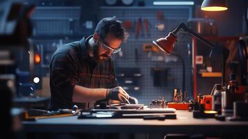 A man working meticulously with tools in a dimly lit workshop, concentrating on a detailed project during evening hours photo