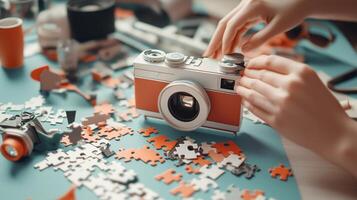 A person assembling a jigsaw puzzle while adjusting an old-fashioned camera on a colorful workspace photo