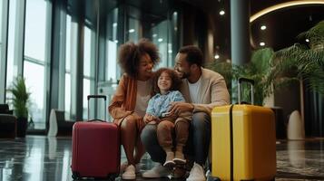 A joyful family with two suitcases enjoying quality time at the airport terminal before their travel adventure begins photo