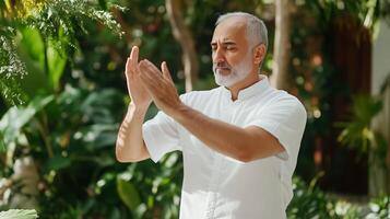 A man practicing mindfulness in a lush garden, engaged in meditation during a serene afternoon session photo