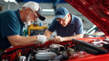 Two mechanics repairing a classic car in an automotive workshop during the afternoon with focused teamwork and tools at hand photo