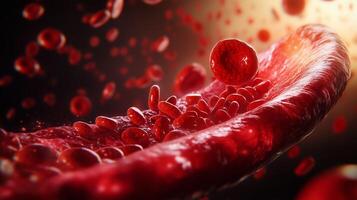 Dynamic flow of red blood cells through a blood vessel illustrating circulation at the microscopic level photo