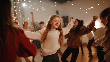 Girls dancing joyfully in a warmly lit studio decorated with fairy lights during a lively evening gathering photo