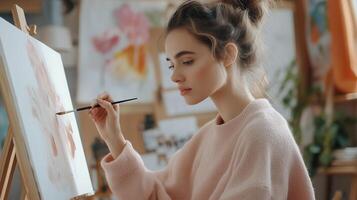 Young artist painting with watercolor in a cozy studio filled with colorful artwork and plants during the afternoon photo