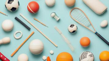 A colorful arrangement of various sports balls and equipment on a light blue background in a well-lit workspace photo
