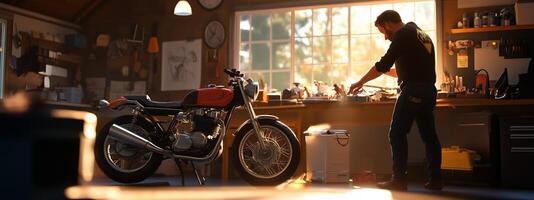 A mechanic meticulously works on a classic motorcycle in a cozy workshop during the golden hour of a sunny afternoon photo