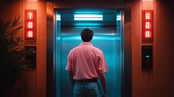 A person waits for an elevator in a dimly lit lobby with glowing directional lights in an urban setting at night photo