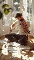 A young musician plays the violin surrounded by scattered sheet music in a sunlit room during the afternoon photo