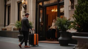 A man with a suitcase arrives at a luxury hotel in the city during the late afternoon with a welcoming atmosphere photo