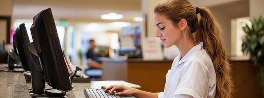 Receptionist at a busy office working diligently at the computer while providing excellent customer service during daytime hours photo