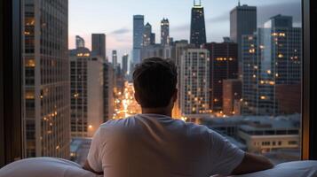 A man gazes out at the city skyline from a hotel window during twilight hours in Chicago photo