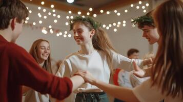 Joyful group dancing together indoors at a festive gathering with fairy lights overhead during the holiday season photo