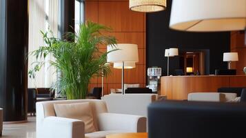 Elegant modern lounge with stylish seating and lush greenery in a hotel lobby during daylight hours photo