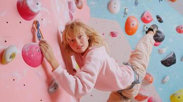 Young climber practicing on brightly colored bouldering wall in indoor climbing gym during afternoon session photo