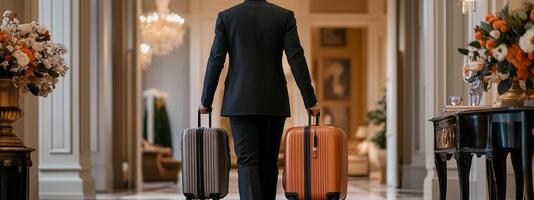 A man in a suit carrying two stylish suitcases while walking through an elegant hotel lobby filled with floral arrangements photo