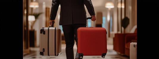 Business traveler carrying suitcase in an upscale hotel lobby during evening hours photo