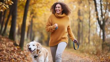 A woman enjoys a joyful autumn walk with her golden retriever in a park surrounded by colorful foliage photo
