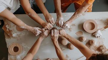 Hands engaged in pottery creation at a workshop, with clay and tools scattered on the table, showcasing artistic collaboration in progress photo