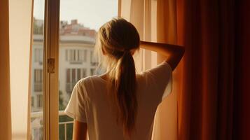 A woman enjoying a quiet morning moment looking out the window at sunrise in a cozy apartment photo