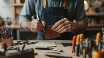 Craftsman working on a leather wallet in a workshop filled with tools and materials during the day photo