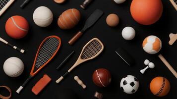 A collection of various sports equipment arranged on a black surface featuring balls, bats, and rackets in different shapes and sizes photo