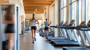 Women jogging on treadmills in a modern fitness center with large windows allowing natural light photo
