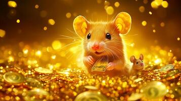 A joyful mouse holding a coin surrounded by golden treasures in a whimsical setting photo