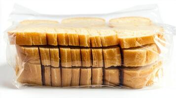 Sliced bread stacked neatly in a transparent plastic bag for easy storage and convenience in the kitchen photo