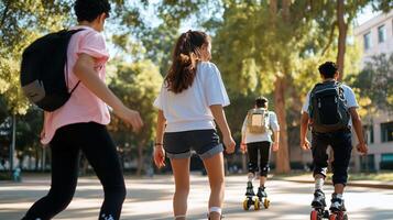 Group of young people roller skating through a park during a sunny afternoon, enjoying leisure time together and laughing photo