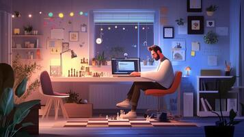 A man thinks deeply while playing chess alone in a cozy room at night, illuminated by a computer and ambient lights photo