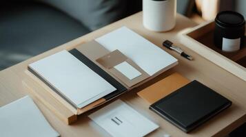 A cluttered workspace with notebooks, stationery, and a coffee cup on a wooden desk in a cozy office setting photo