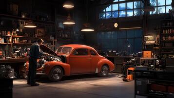 A mechanic working on a vintage orange car in a well-equipped garage during twilight hours photo