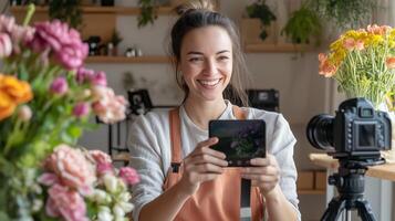 A florist smiles while taking photos of flower arrangements in her workshop surrounded by colorful blooms