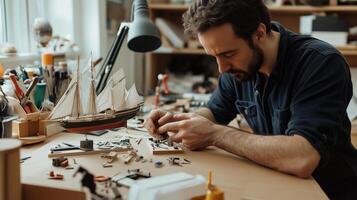 A skilled artisan focuses intently on assembling a model ship at a cluttered workbench filled with tools and materials during daylight hours photo