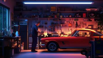 A mechanic repairs a classic car in a well-lit garage filled with tools during evening hours photo