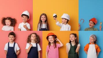 Children dressed in various career costumes posing against colorful backgrounds during a playful activity event photo