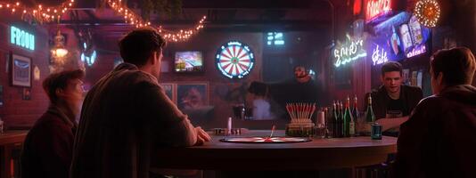 Friends enjoying an evening at a lively bar with neon lights and games in the background during a weekend night photo
