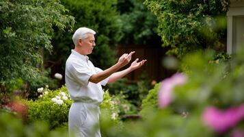 A man practices tai chi amidst lush garden greenery during a serene afternoon photo